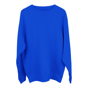Blank royal blue crewneck sweatshirt, front view, displayed hanging.