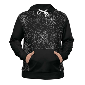 Close-up of dye-sublimated spiderweb print texture on black hoodie kangaroo pocket