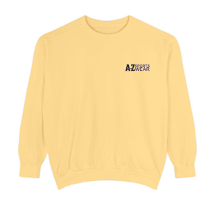 Light yellow crewneck sweatshirt with small, black "AZ SPORTSWEAR" logo embroidered on the left chest.