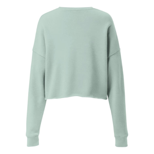 Back view of a blank, light mint green cropped crewneck sweatshirt with a raw, unfinished hem