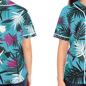 Custom Hawaiian baseball jersey with a bright blue background and a pattern of black, white, and magenta tropical palm leaves.