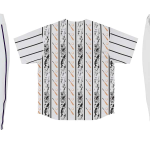 Back view of a custom sublimated baseball uniform set, showing a full jersey with a white, pinstriped design featuring baseball and bat graphics, paired with white baseball pants with a dark side stripe.