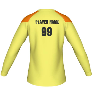 Back view of a long-sleeved custom soccer goalie jersey, primarily bright yellow. The jersey features a rounded neck and orange shoulder panels/raglan sleeves. The back displays the text "PLAYER NAME" above the number "99" in large, black, bold font.