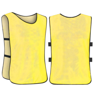 A vibrant yellow mesh sports vest, suitable for use as a custom soccer pinnie, displayed in front and rear views.
