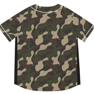 Back view of a sublimated baseball jersey in a dark woodland camouflage print. The jersey shows the back of the short sleeves and features black side panels and a curved bottom hem.