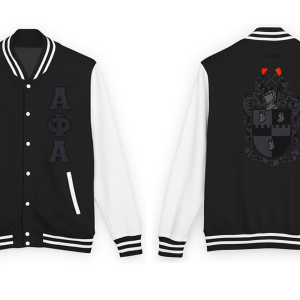 Black and white custom fraternity bomber jacket ($\text{A}\Phi\text{A}$) with white sleeves and trim. Greek letters on the chest and crest graphic on the back.