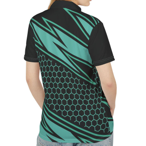 a girl wearing custom sublimated polo shirt