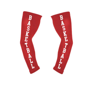 Pair of red athletic arm sleeves with "BASKETBALL" printed vertically in white capital letters.