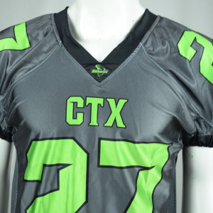 Close-up front view of a grey custom fantasy football jersey showing the V-neck collar, CTX chest text, and bold player numbers